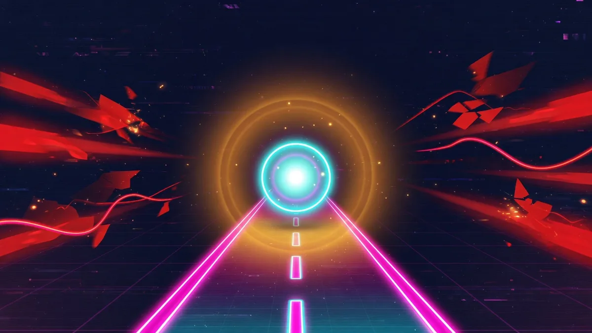 Mental game illustration for Tap Road: a steady neon ball under calm focus while chaotic obstacle glows blur at the edges
