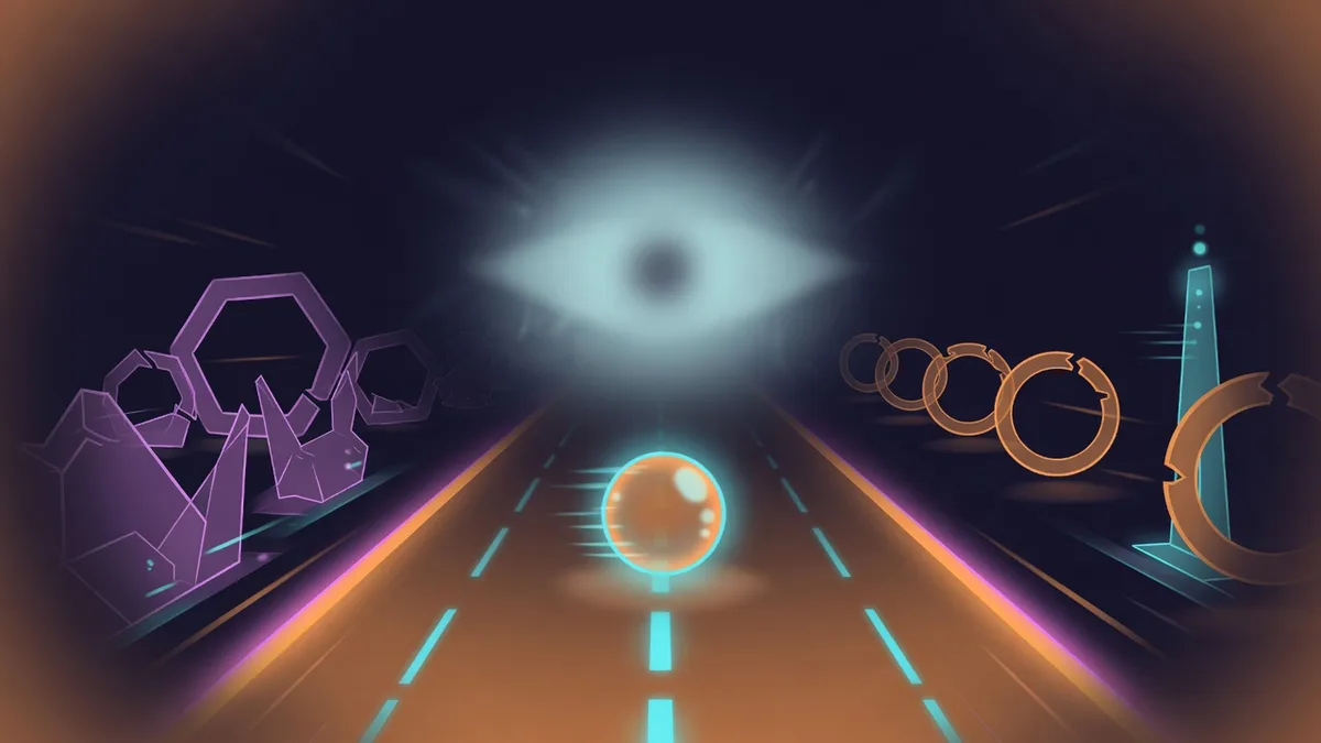 Peripheral vision training illustration for Tap Road with focus further up the neon road while the ball stays in soft side vision