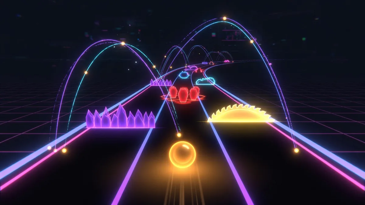 Predictive tapping illustration for Tap Road with planned path lines reading three to five obstacles ahead of the neon ball
