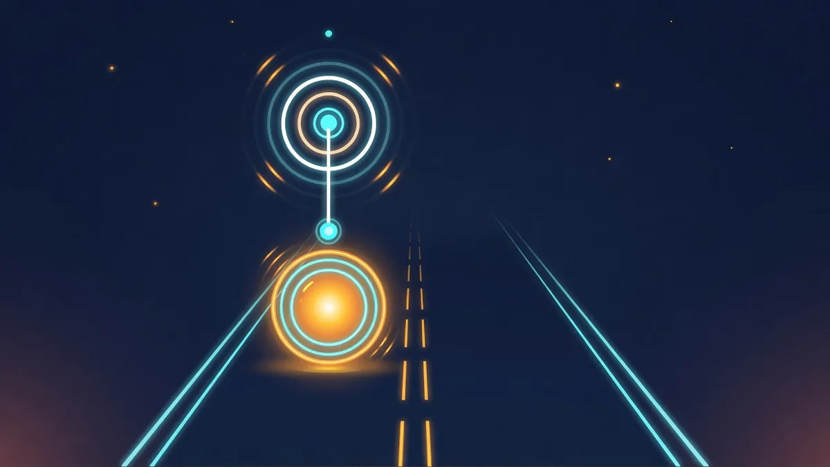 Diagram-style illustration of Tap Road one-input controls: a glowing neon ball on a two-lane road with a single tap indicator