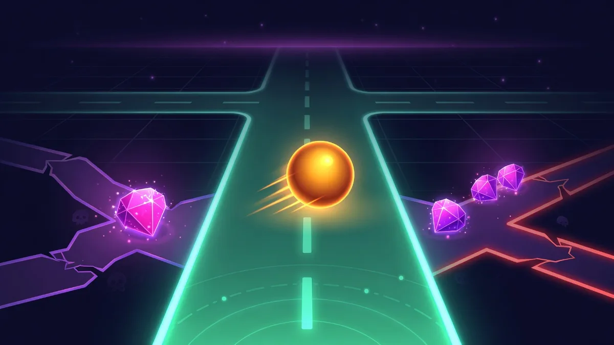 Tap Road gem strategy illustration showing a safe highlighted path versus risky side gems off the safe line