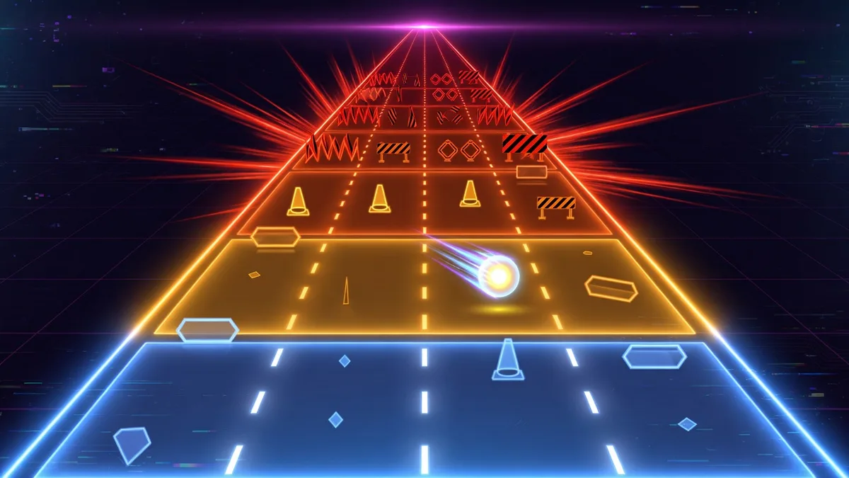 Illustration of Tap Road speed phases along a neon road: calm early zone, medium cruise, and intense late-game high-speed section