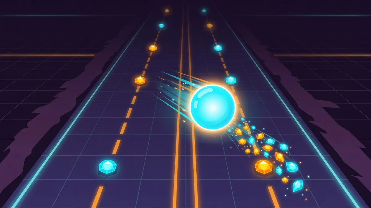 Tap Road gem farming illustration: a neon ball collecting only safe-path gems on a steady medium-length run