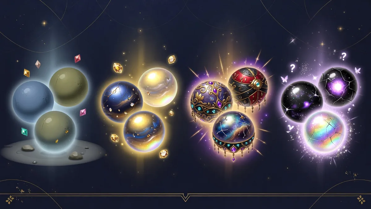 Tap Road skin rarity tiers illustration with common, rare, epic, and secret cosmetic balls arranged left to right