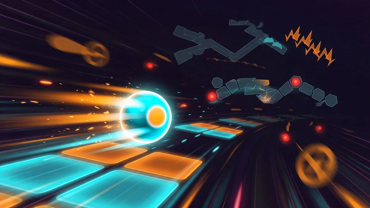 Tap Road Advanced Techniques cover: a high-speed neon ball with predicted obstacle paths glowing ahead on the road