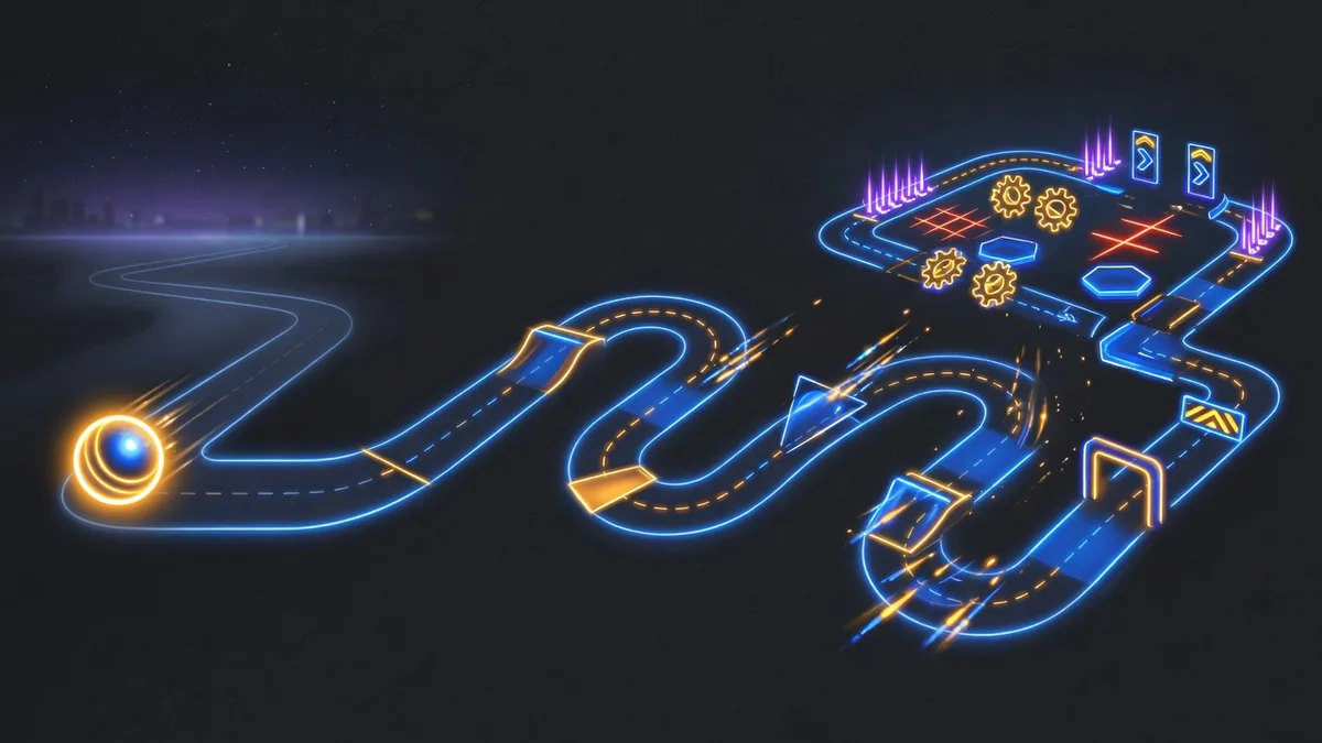 Tap Road Master Guide cover: a neon ball progressing from a calm road into a complex high-speed obstacle track
