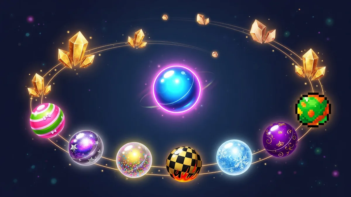 Tap Road Skin Collector Roadmap cover: a glowing ball surrounded by colorful cosmetic skins and floating gems
